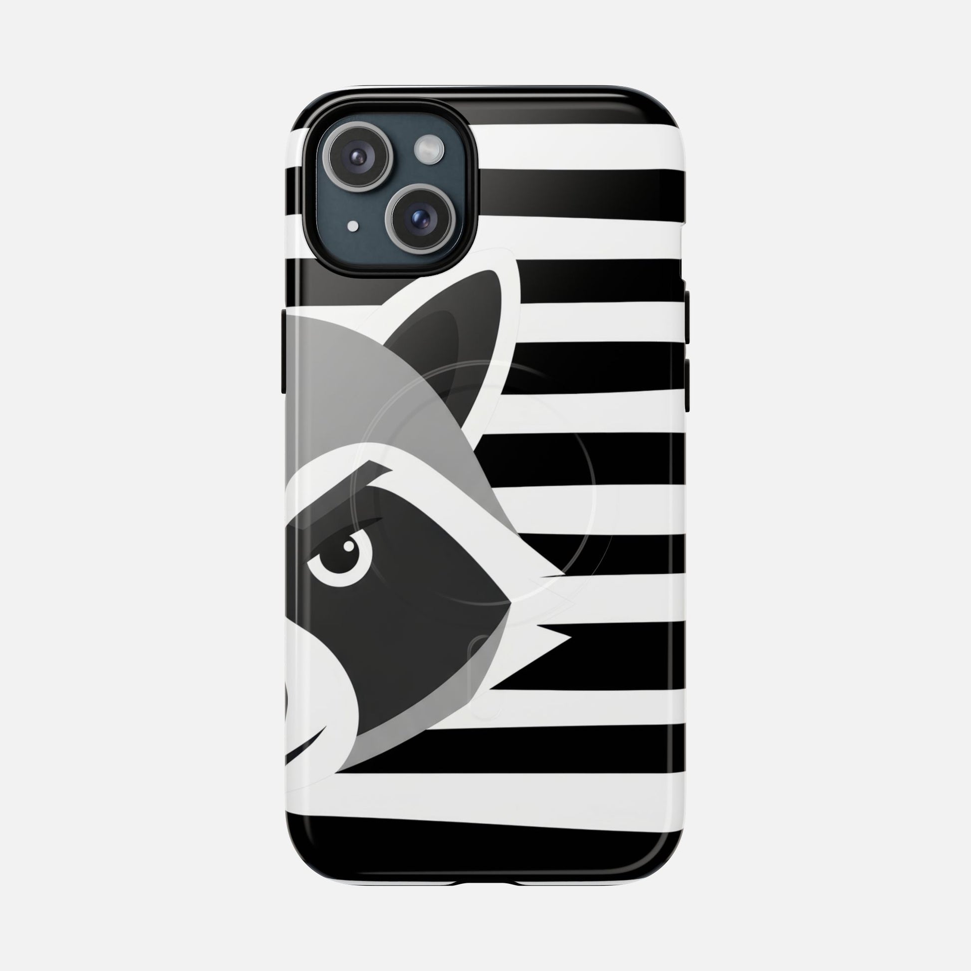 Raccoon Stripe Tough Magnetic Phone Case — Black & White Animal Design iPhone 15 Plus Glossy Phone Case