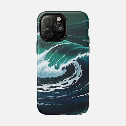 Ocean wave phone case with teal and navy design, protective cover for iPhone