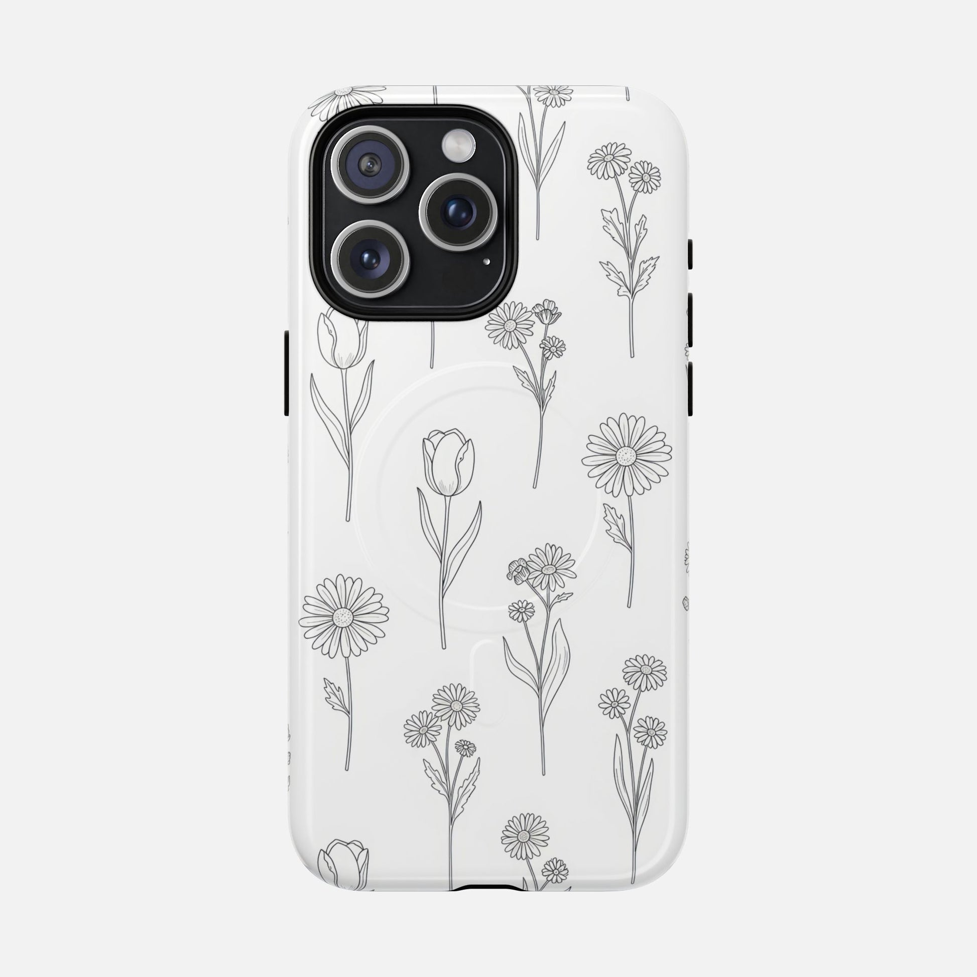 Floral Sketch Tough Magnetic Phone Case — Minimal Black Line Flower Design iPhone 15 Pro Max Glossy Phone Case