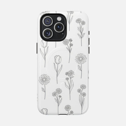 Floral Sketch Tough Magnetic Phone Case — Minimal Black Line Flower Design iPhone 15 Pro Max Glossy Phone Case