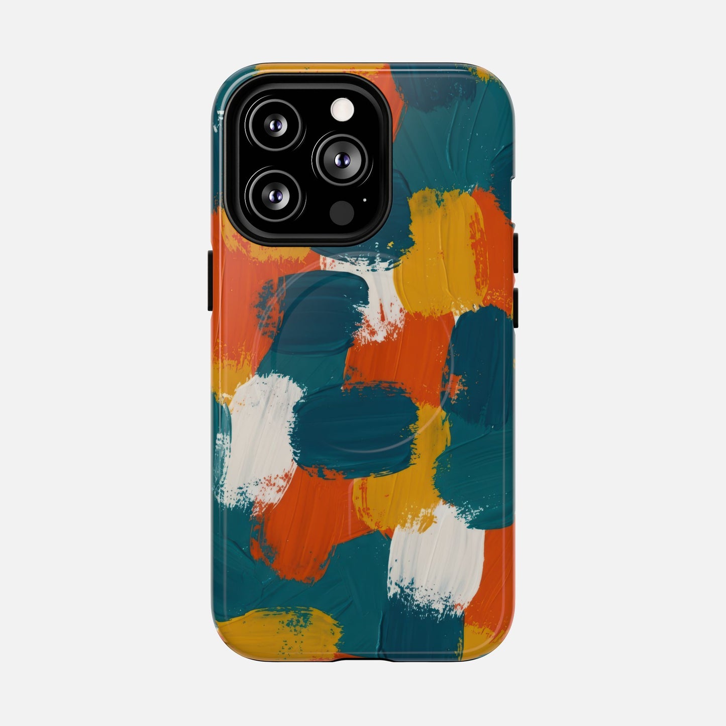 Abstract Brushstroke Tough Magnetic Phone Case — Colorful Teal, Orange & Mustard Protection iPhone 13 Pro Glossy Phone Case