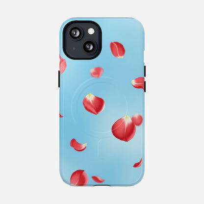 Light blue phone case with red rose petals design, modern floral pattern for iPhone