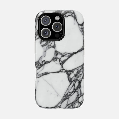 White marble pattern phone case with black veining, modern stylish protective cover