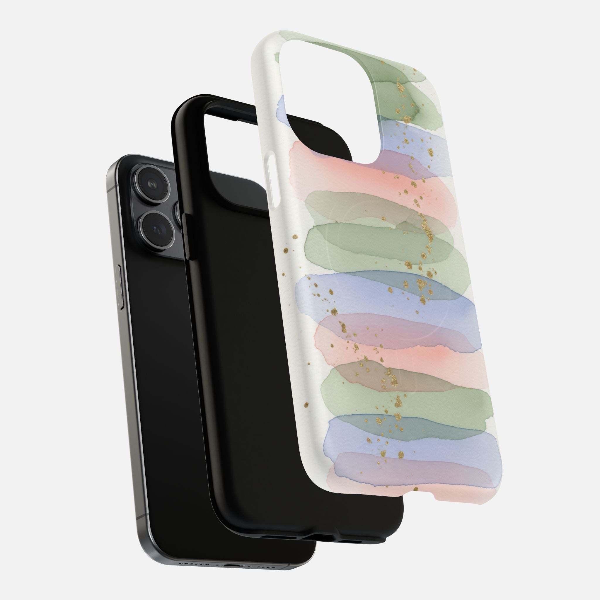 Pastel watercolor phone case with gold speckles, modern design for iPhone protection