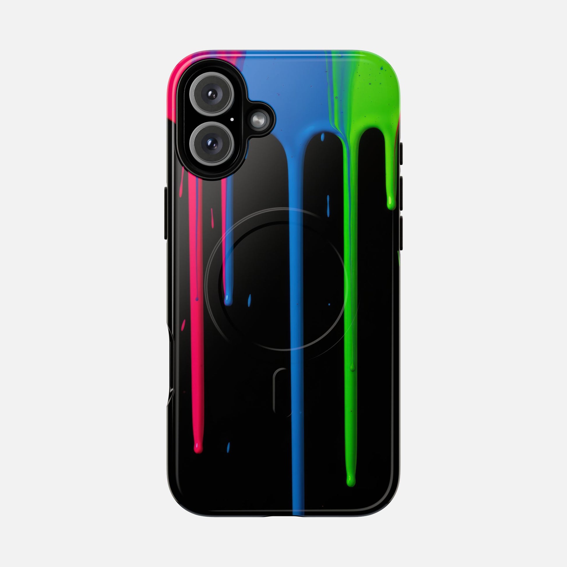 Neon Drip Tough Magnetic Case – Black Phone Cover with Bright Pink, Blue & Green Paint Drips iPhone 16 Plus Glossy Phone Case