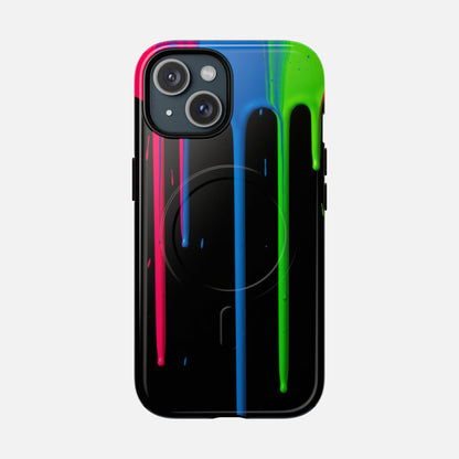 Neon Drip Tough Magnetic Case – Black Phone Cover with Bright Pink, Blue & Green Paint Drips iPhone 15 Glossy Phone Case