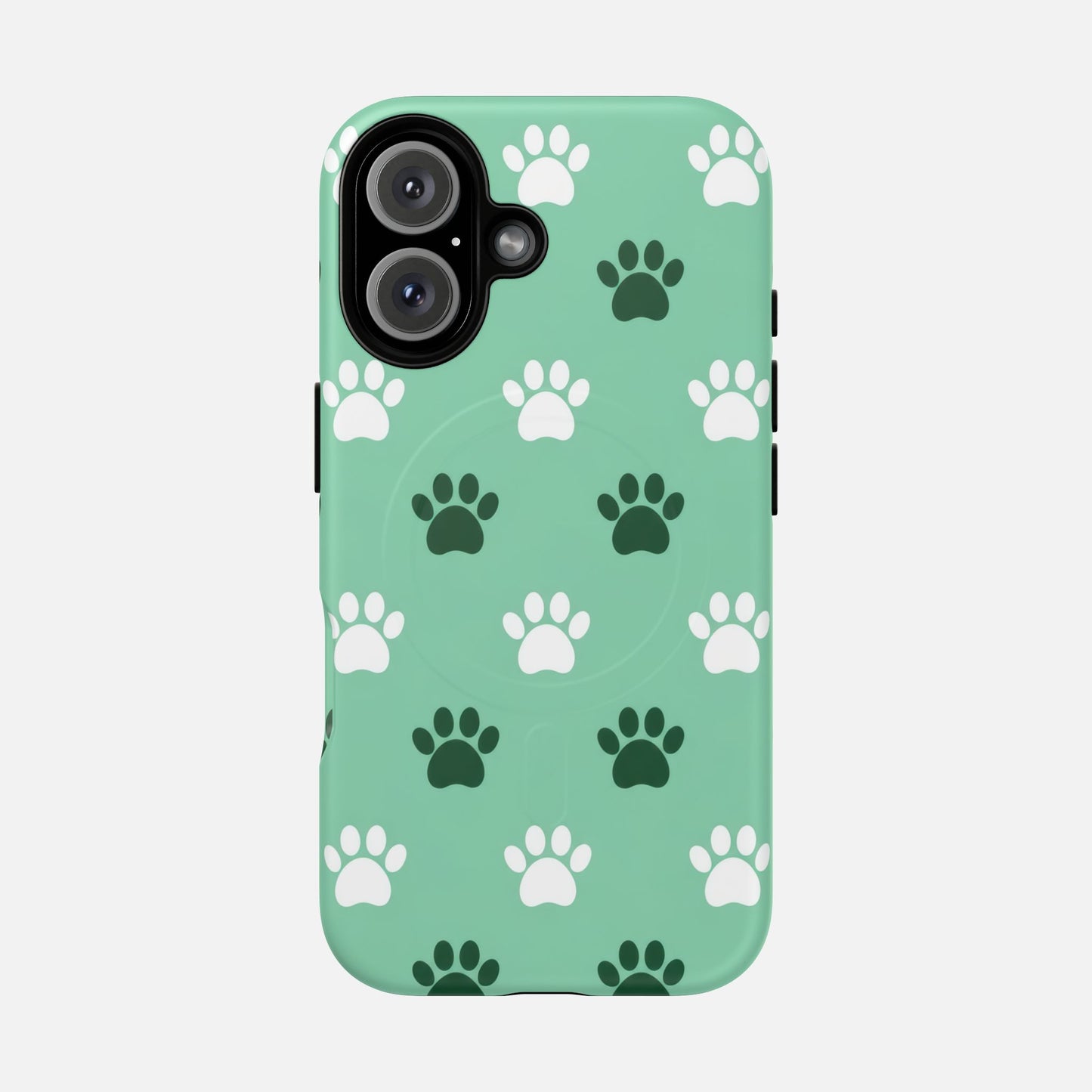 Mint green phone case with white and dark green paw print pattern, creative design for pet lovers