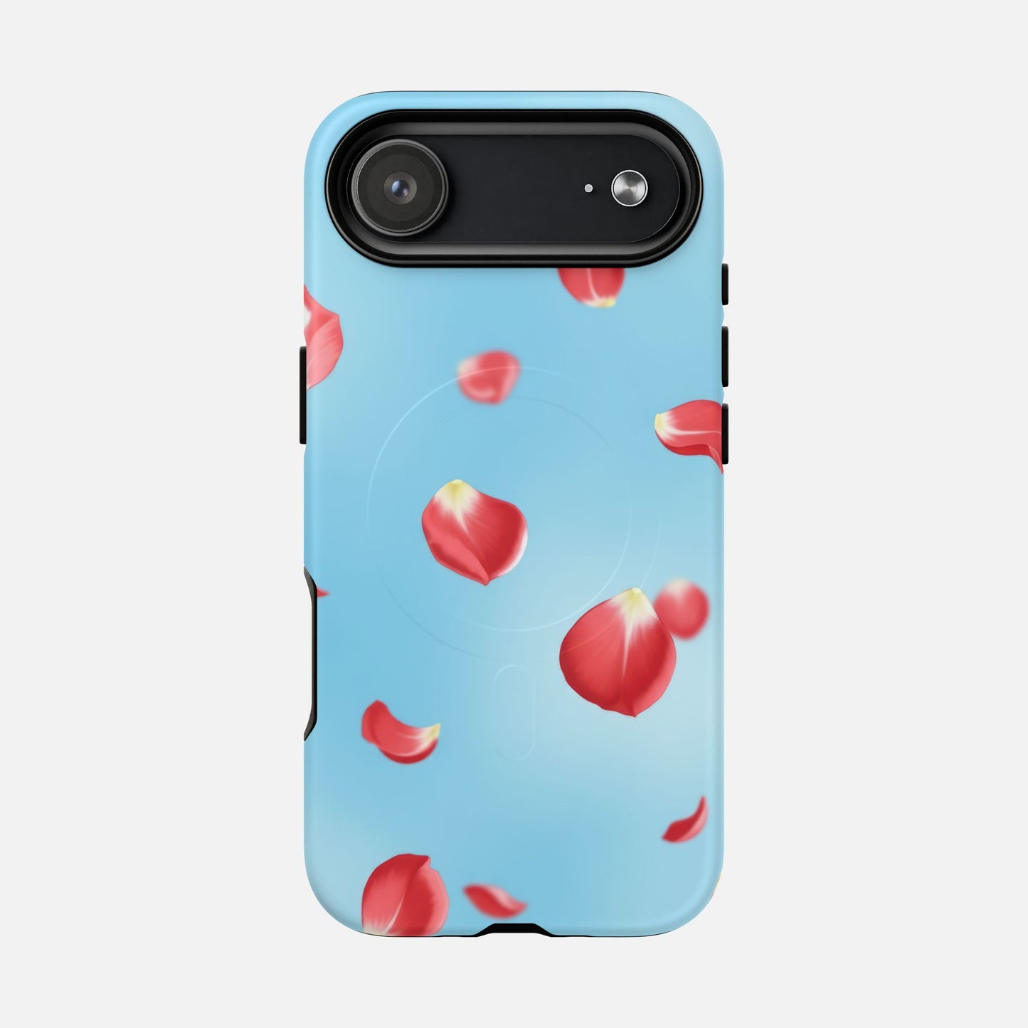 Light blue phone case with floating red rose petals, stylish floral design for iPhone protection