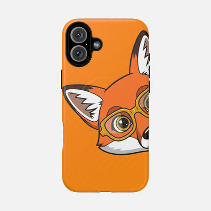 Cute fox with glasses phone case, orange background, creative design for iPhone