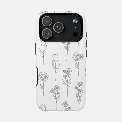 Floral Sketch Minimal Black Line Flower Design iPhone Case — Tough Magnetic | MagSafe Compatible