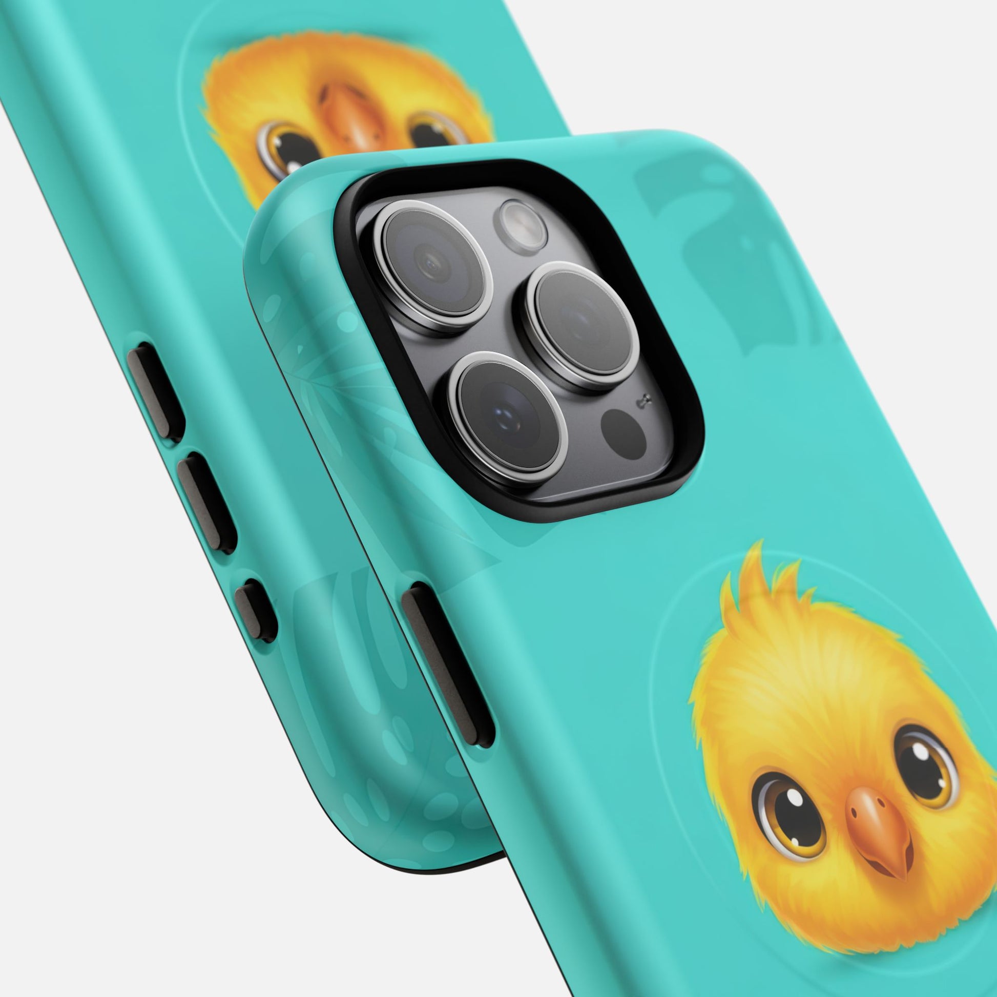 Cute chick design phone case with teal background, perfect for iPhone protection and style