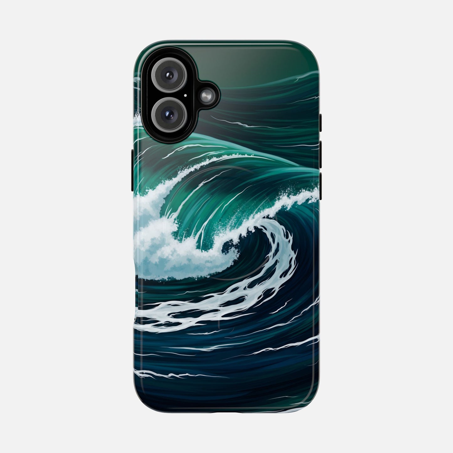 Ocean wave phone case with vibrant teal and white surf design, modern printed artwork for iPhone