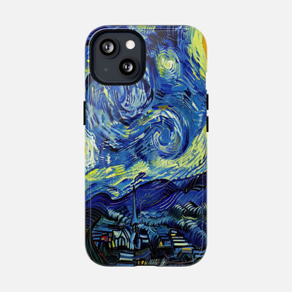 iPhone case with Van Gogh's Starry Night artwork, blue and yellow swirls, creative phone cover design