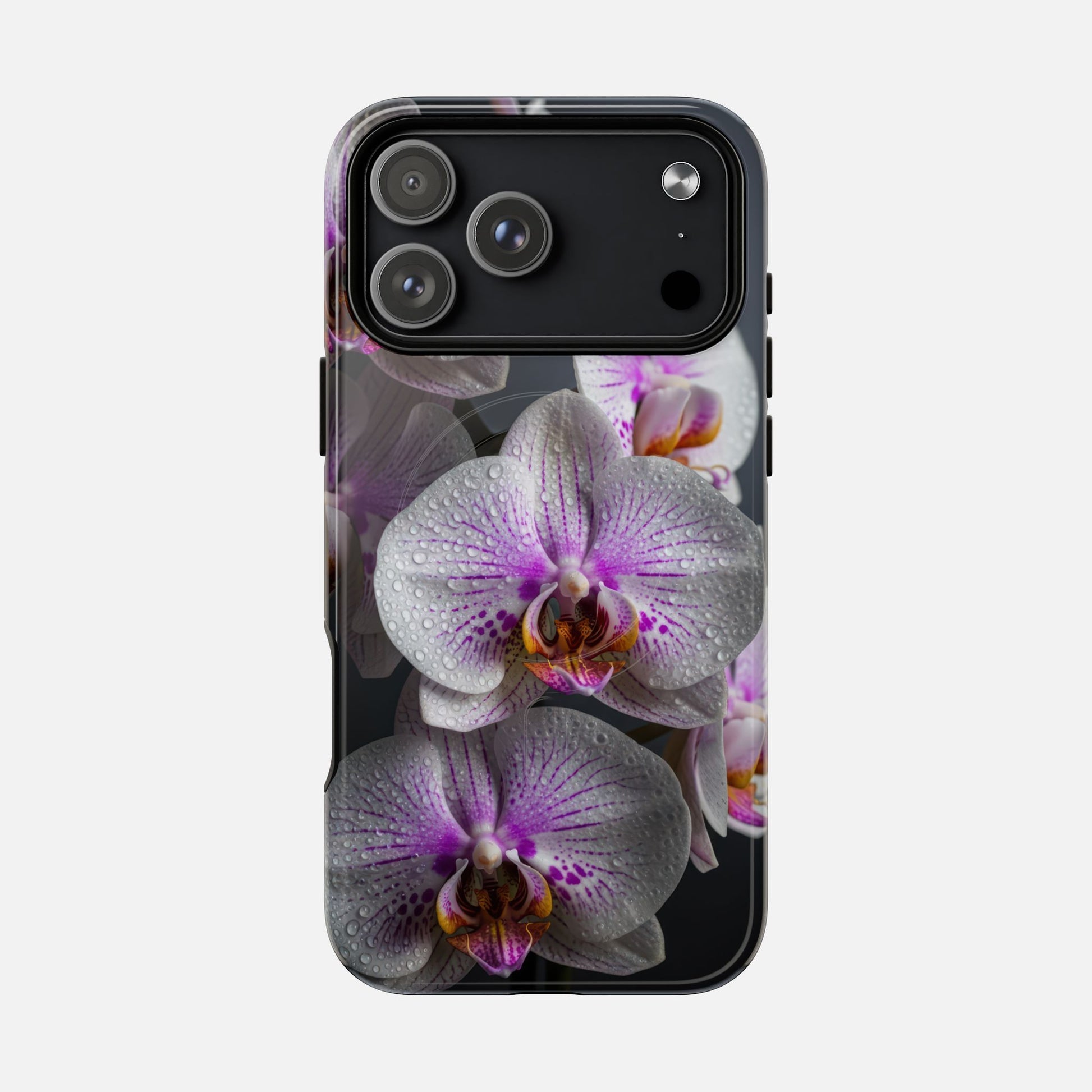Orchid Bloom Tough Magnetic Phone Case — Waterdrop Floral Protection iPhone 17 Pro Max Glossy Phone Case