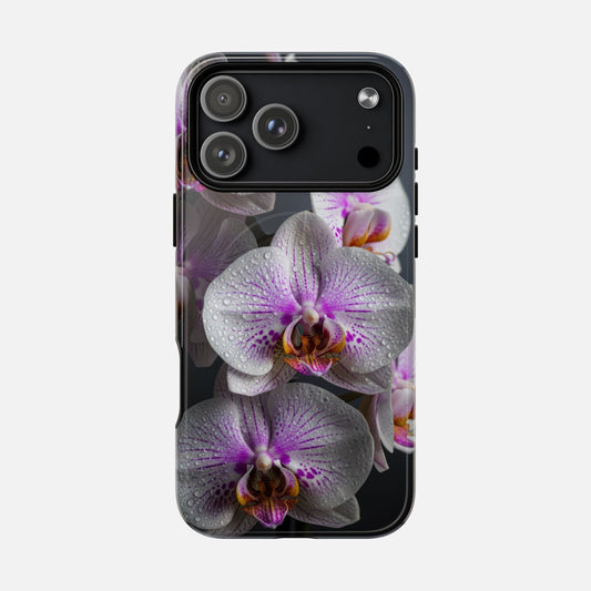 Orchid Bloom Tough Magnetic Phone Case — Waterdrop Floral Protection iPhone 17 Pro Max Glossy Phone Case