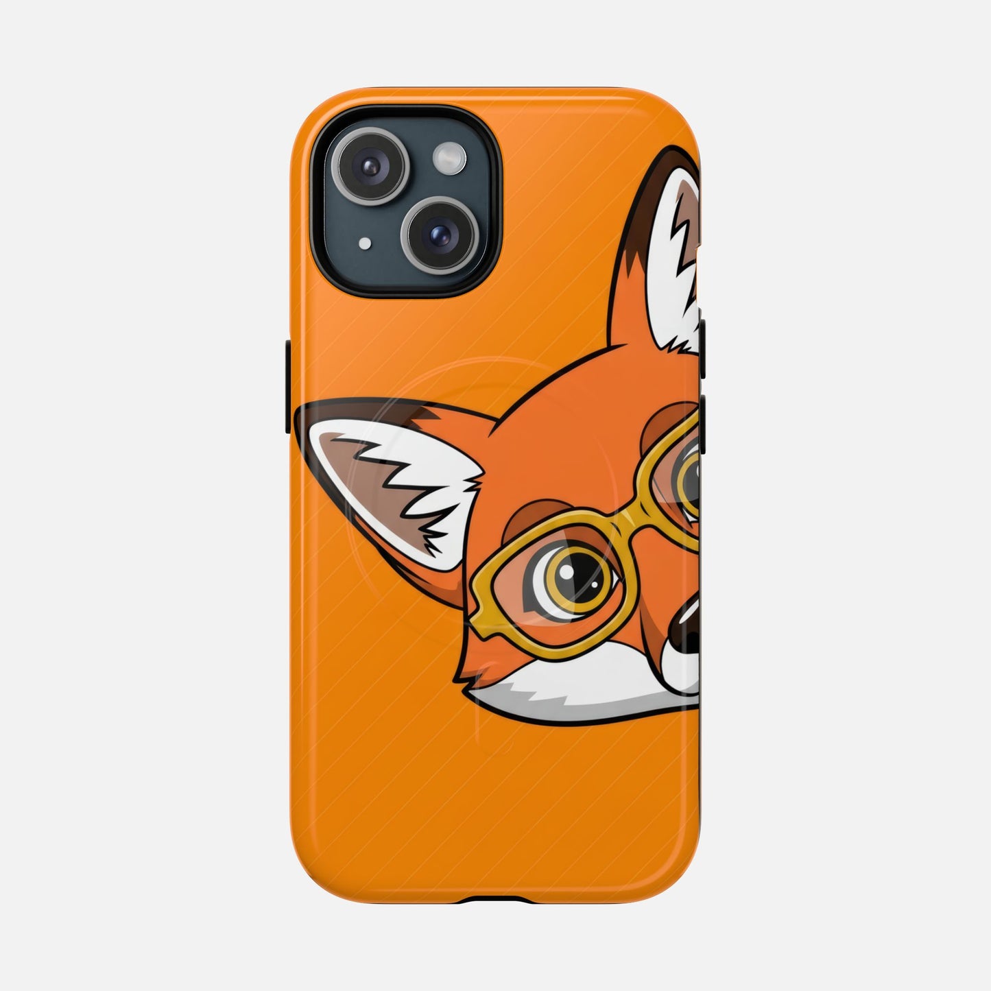 Cute fox with glasses phone case, orange background, creative design for iPhone