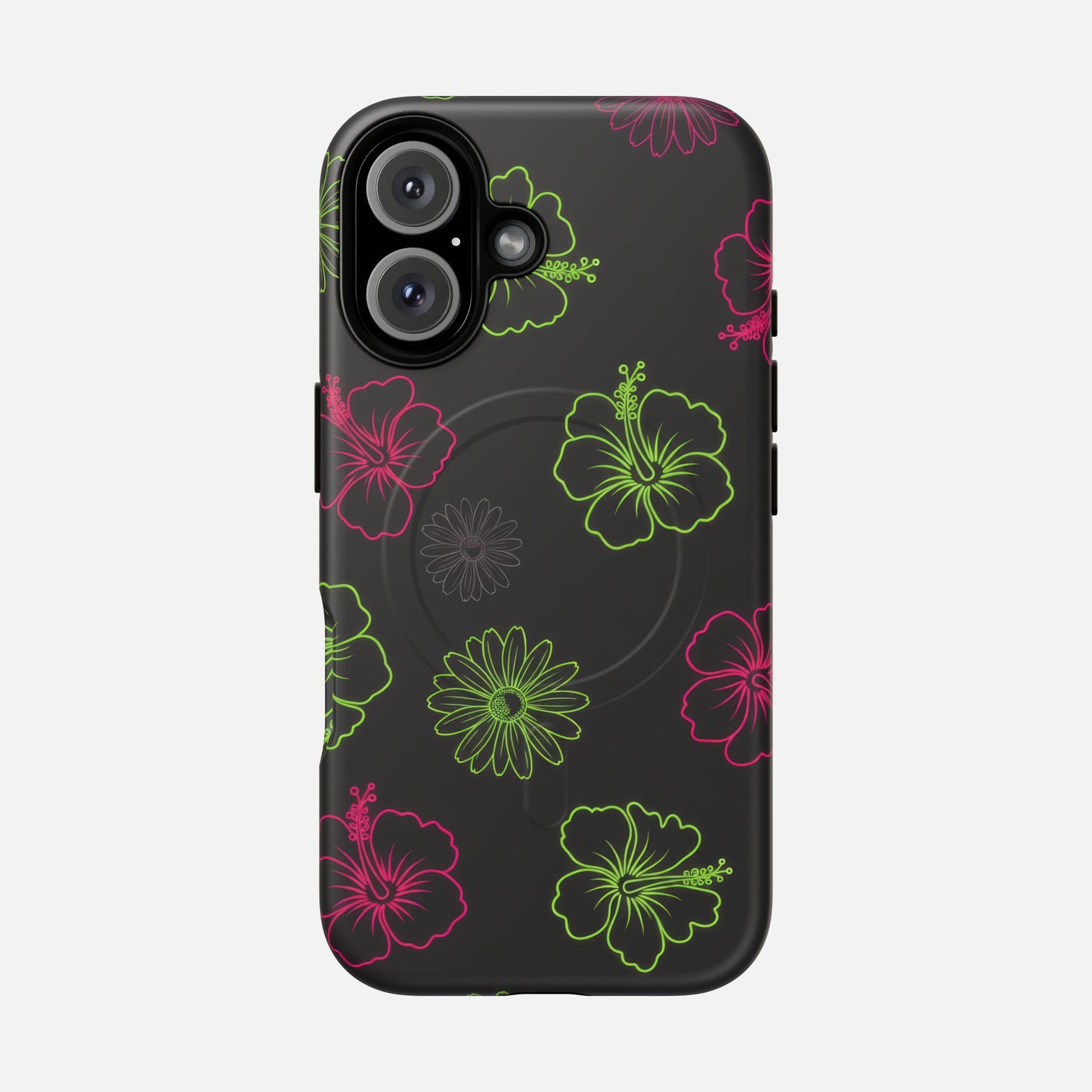 Neon Hibiscus Tough Magnetic Phone Case — Tropical Floral Protective Cover iPhone 16 Matte Phone Case