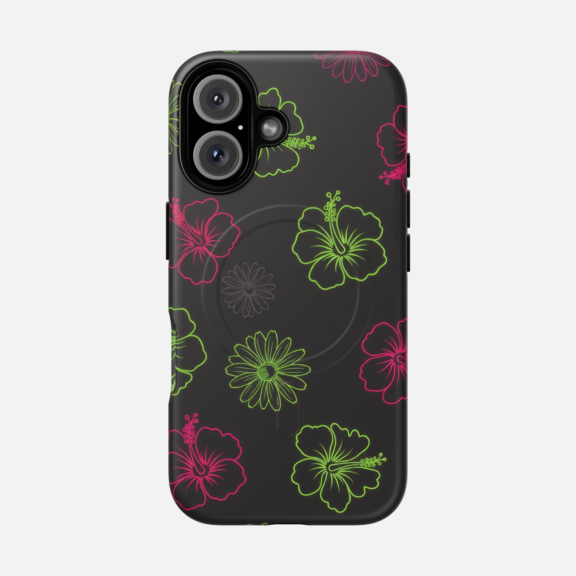 Neon Hibiscus Tough Magnetic Phone Case — Tropical Floral Protective Cover iPhone 16 Matte Phone Case