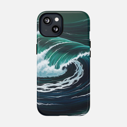 Ocean wave phone case with teal and navy surf design, protective cover for iPhone