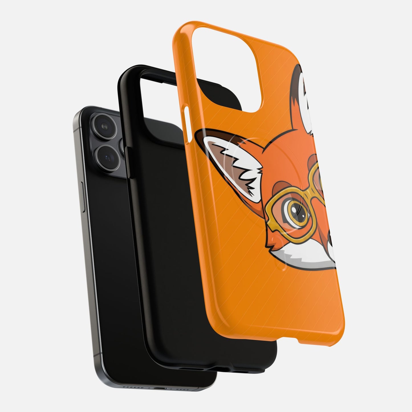 Orange phone case with cute fox wearing glasses, modern design for iPhone protection