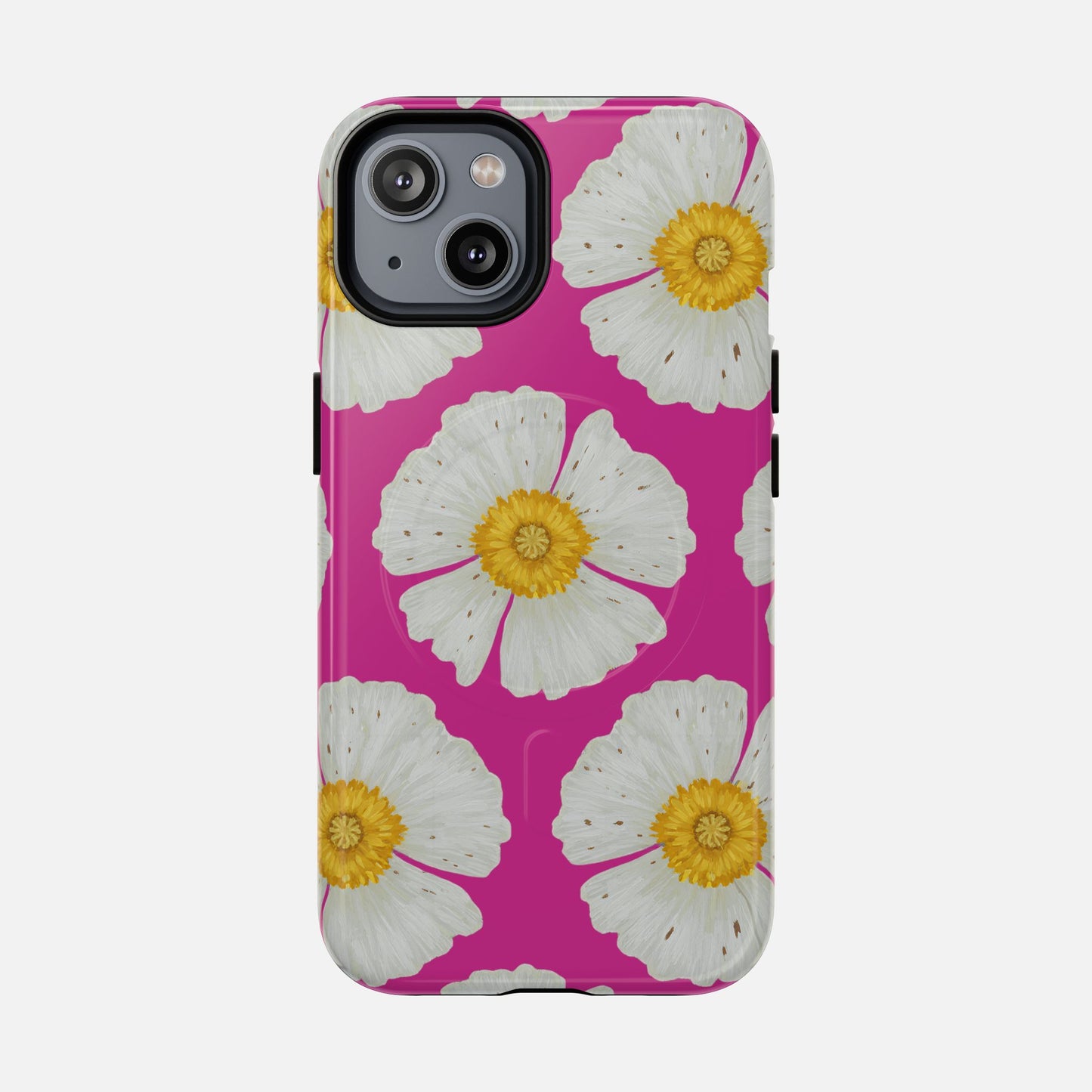 Pink phone case with white daisies and yellow centers, floral design for iPhone