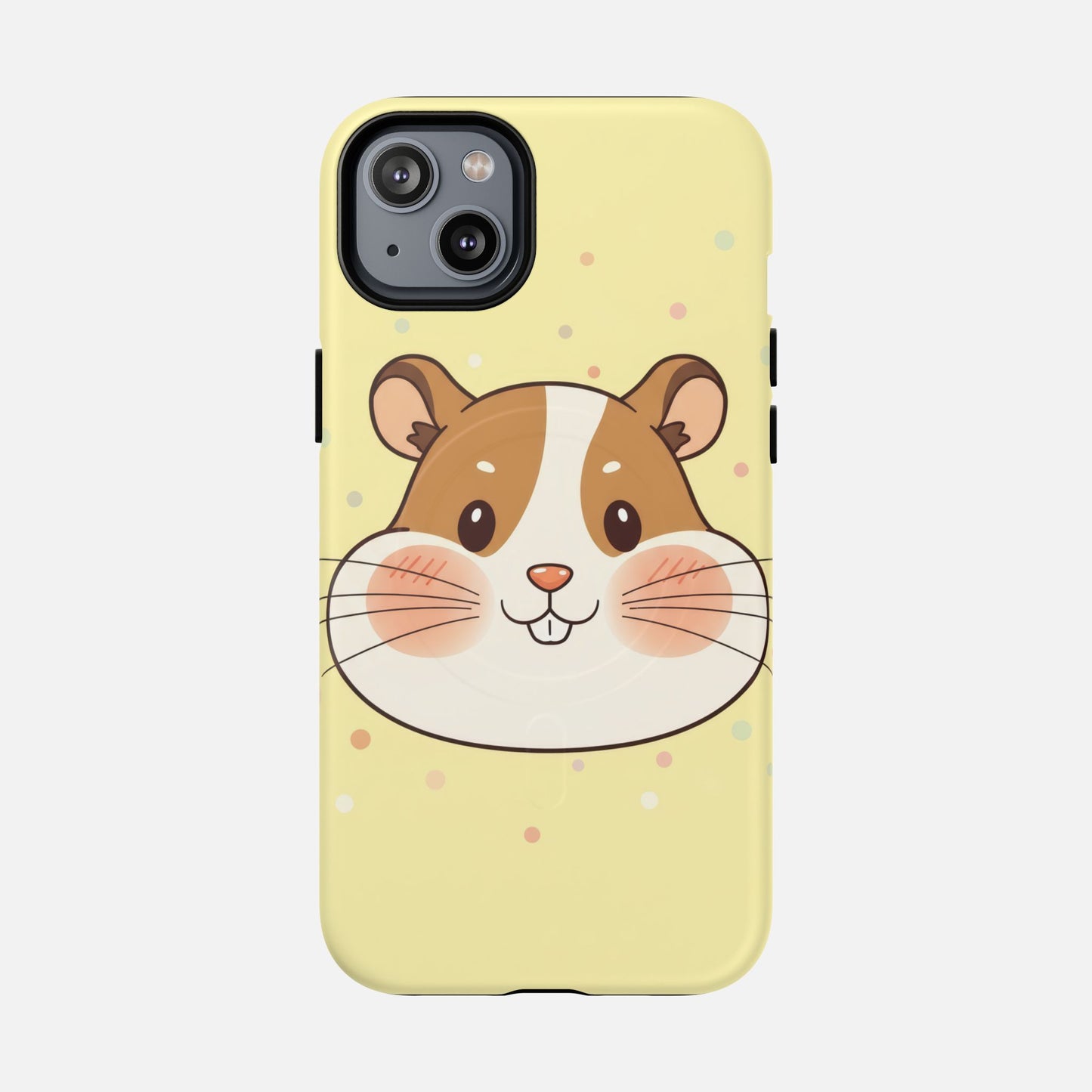 Cute hamster face phone case with pastel polka dots, perfect for iPhone protection and style