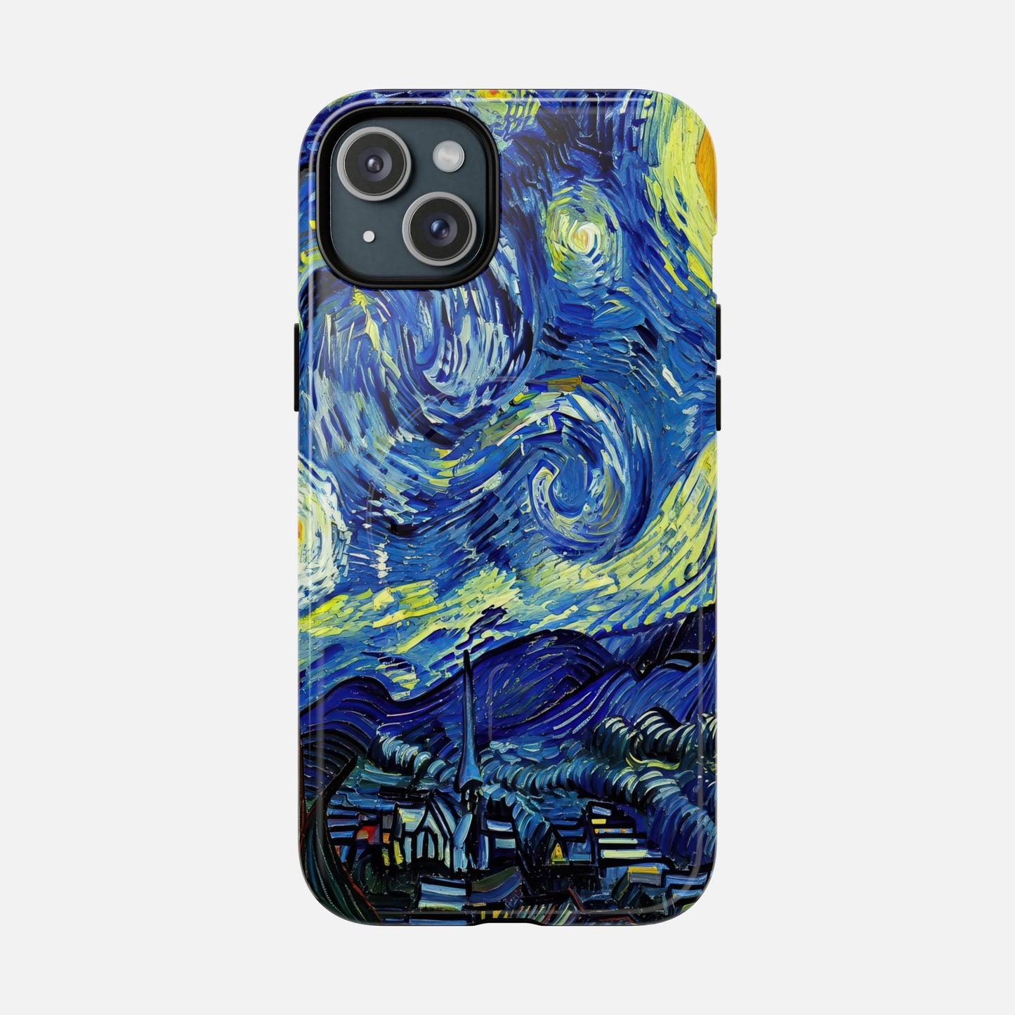 iPhone case with Van Gogh's Starry Night artwork, blue and yellow swirls, creative design