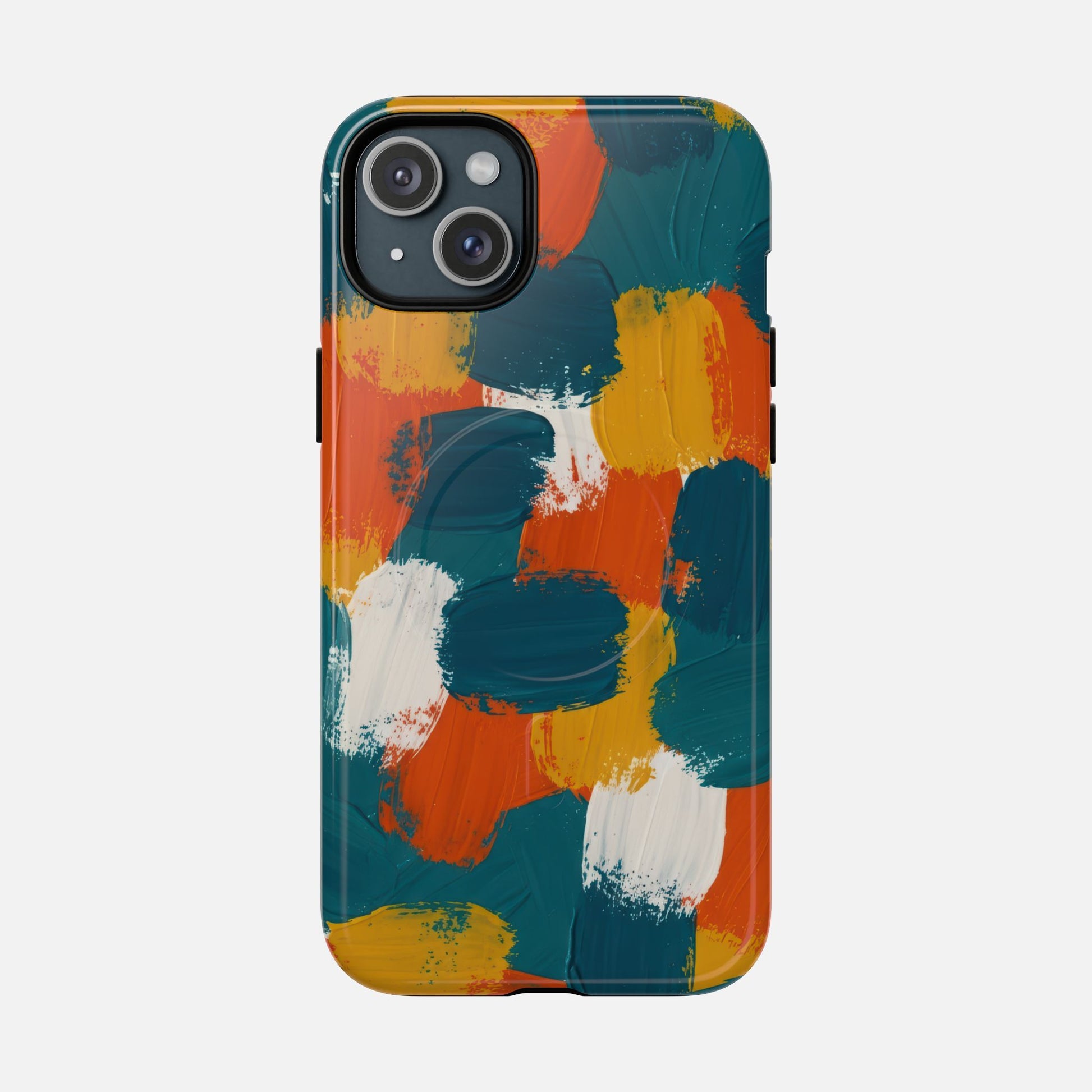 Abstract Brushstroke Tough Magnetic Phone Case — Colorful Teal, Orange & Mustard Protection iPhone 15 Plus Glossy Phone Case