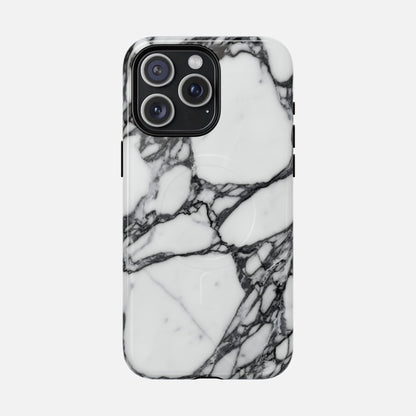 White marble phone case with black veining, modern protective design
