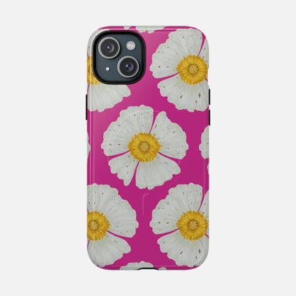 Vibrant pink phone case with white daisy flowers and yellow centers, stylish floral design for iPhone.
