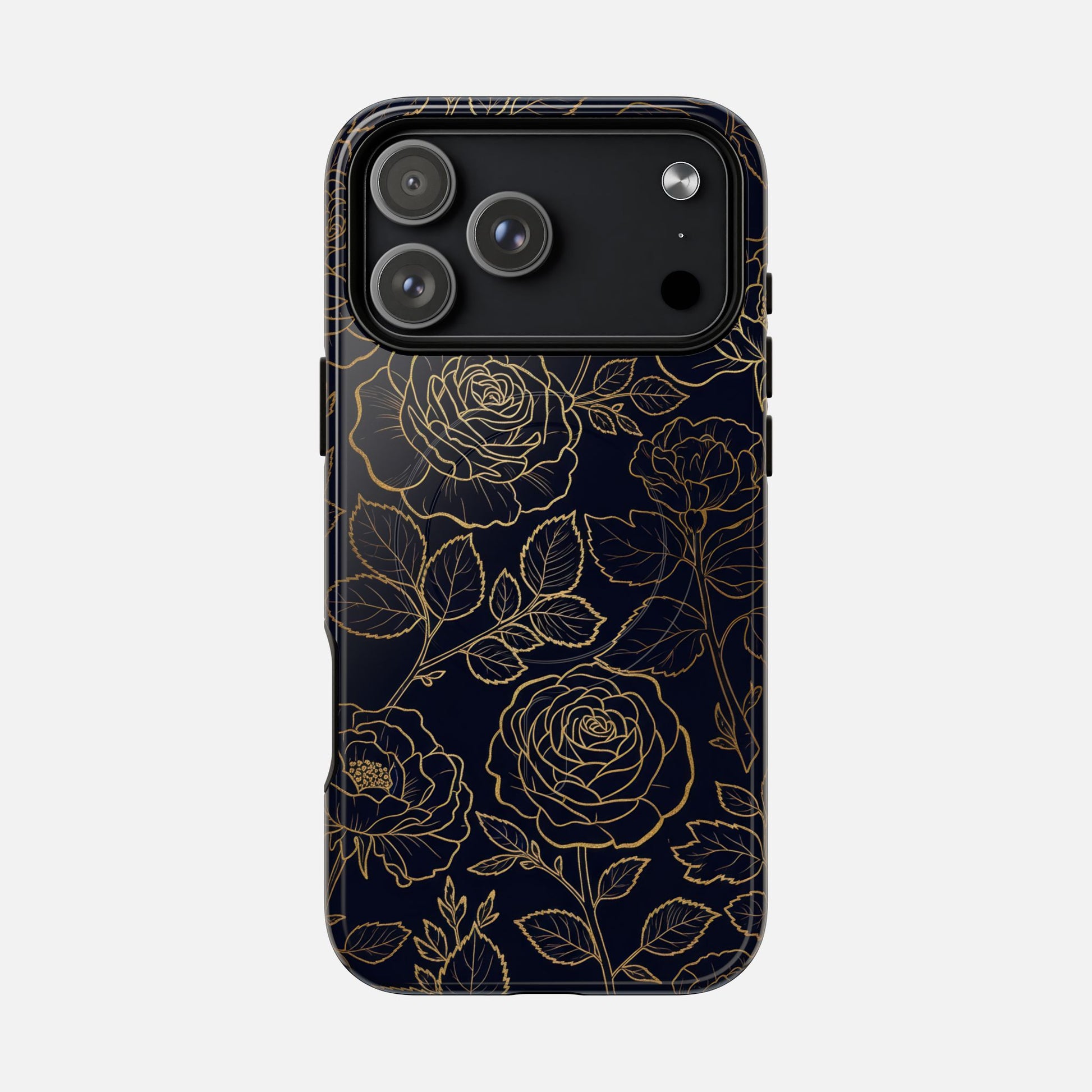 Floral Gold Outline Tough Magnetic Case — Elegant Black Rose Phone Cover iPhone 17 Pro Max Glossy Phone Case