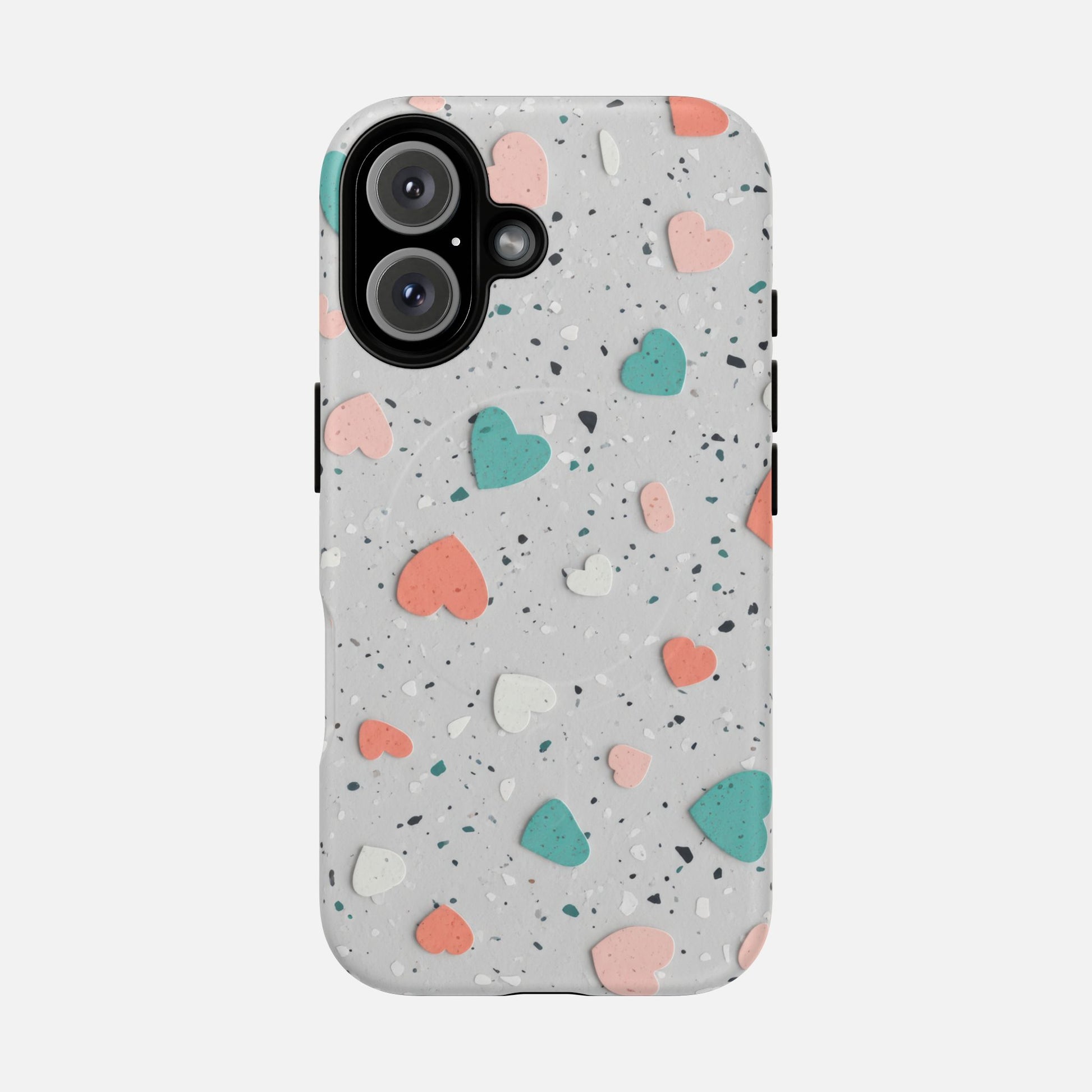 Heart Confetti Tough Magnetic Phone Case — Colorful Terrazzo Love Design iPhone 16 Matte Phone Case