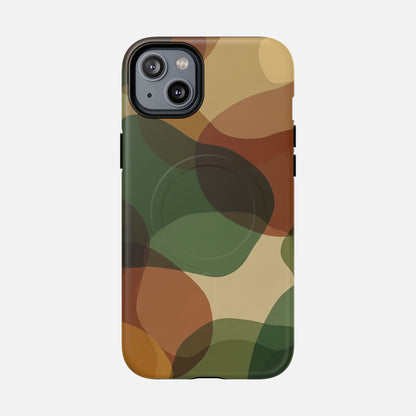 Camouflage phone case with green, brown, and tan pattern for iPhone 13