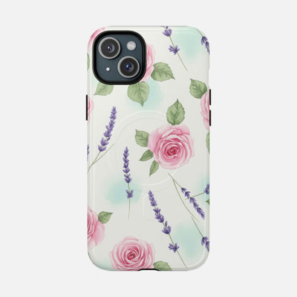 Floral Rose & Lavender Tough Magnetic Phone Case — Protective Magnetic iPhone Cover iPhone 15 Plus Glossy Phone Case