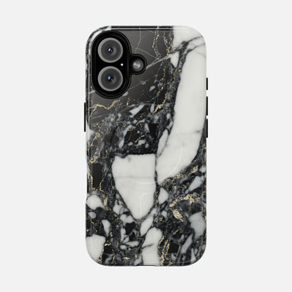Black and white marble pattern phone case with gold veining for iPhone