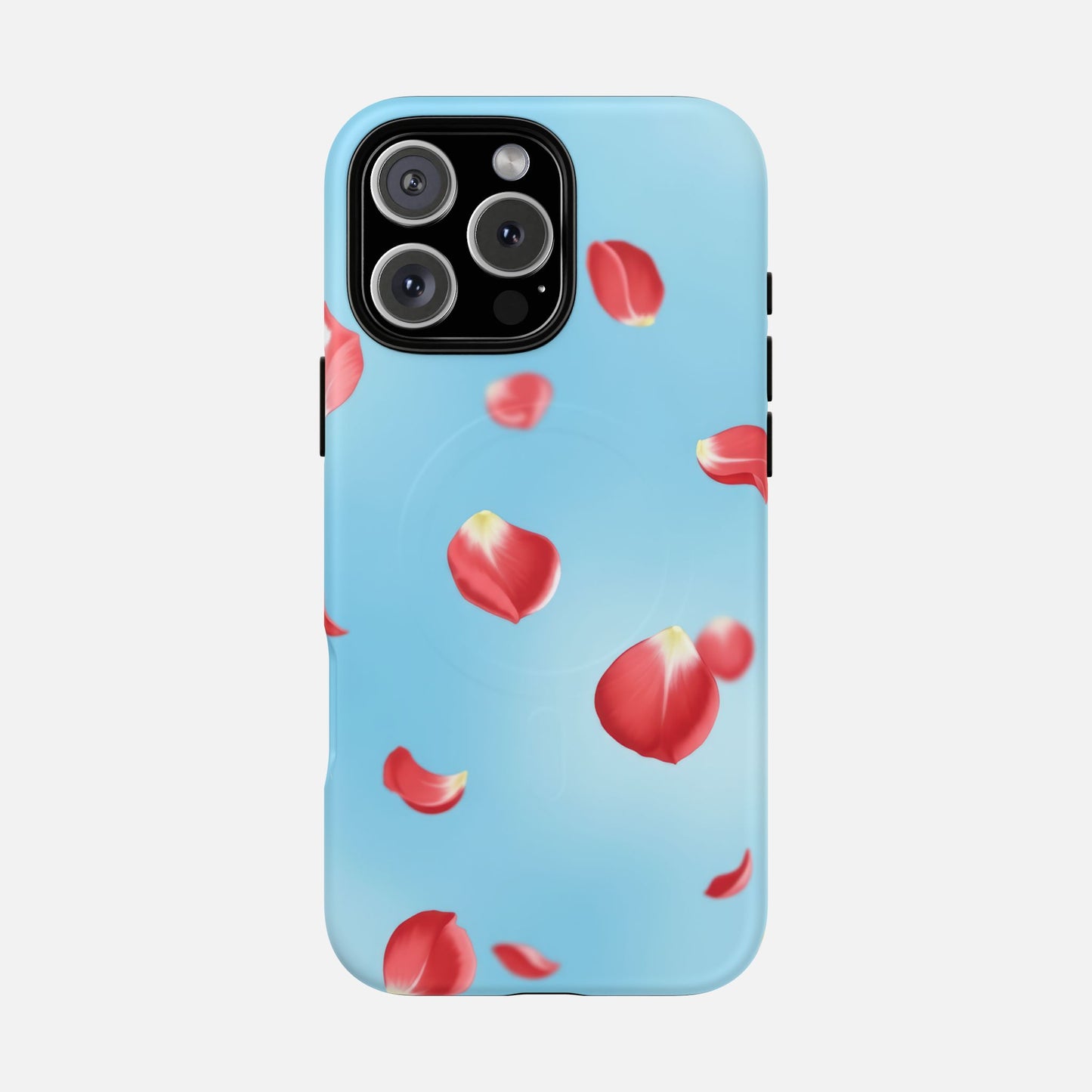 Light blue phone case with red rose petals design, fits iPhone Pro model