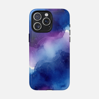 Galaxy Watercolor Tough Magnetic Phone Case — Blue Purple Nebula MagSafe Cover iPhone 15 Pro Max Glossy Phone Case