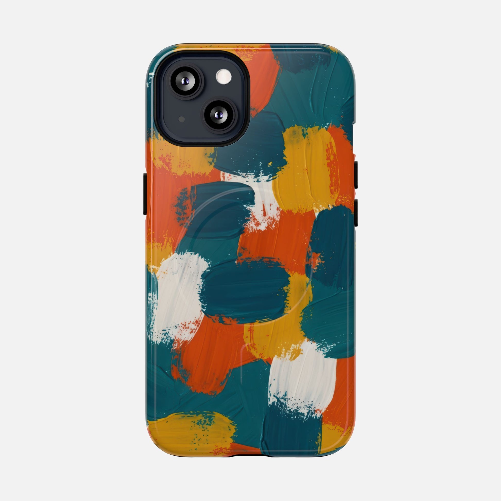 Abstract Brushstroke Tough Magnetic Phone Case — Colorful Teal, Orange & Mustard Protection iPhone 13 Glossy Phone Case