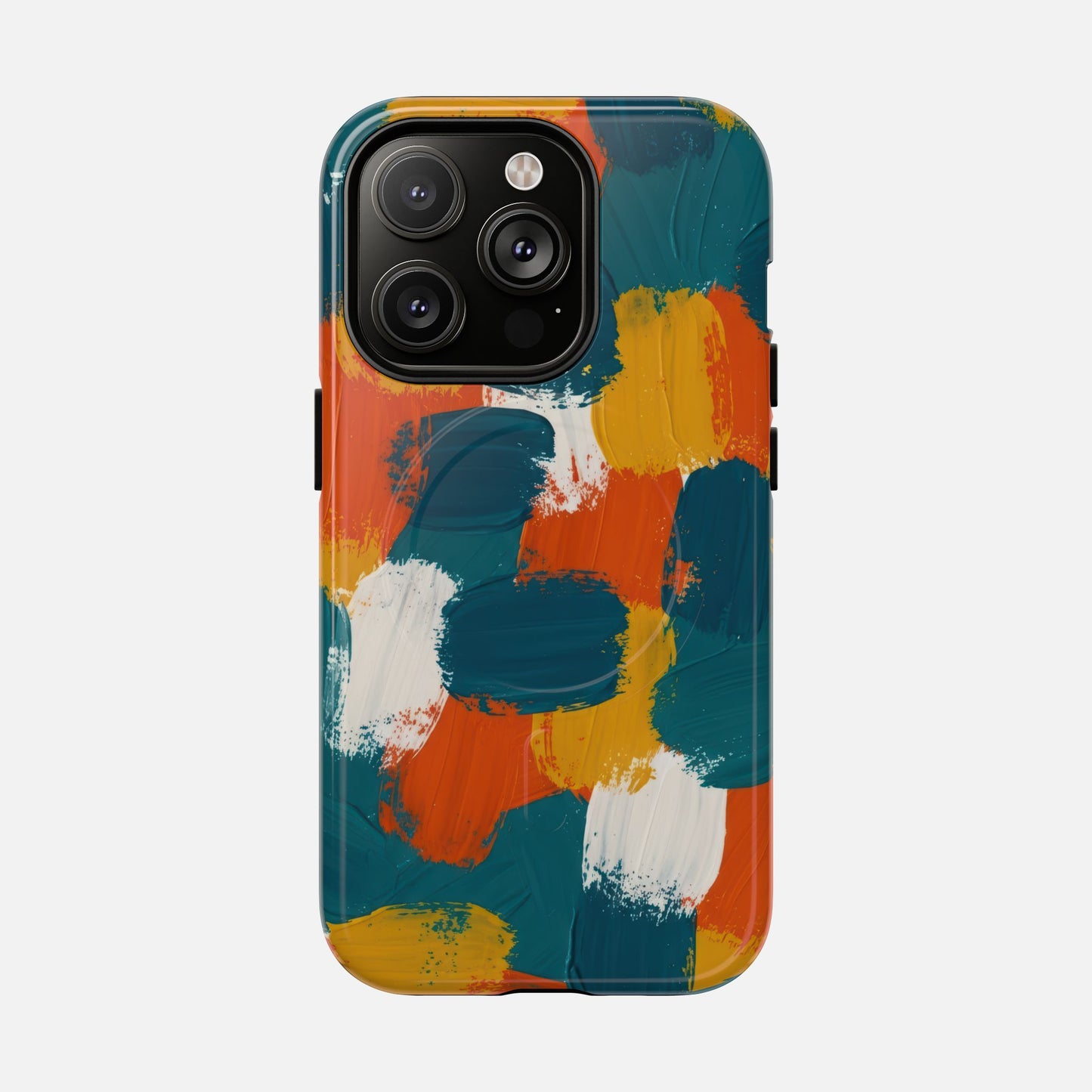 Abstract Brushstroke Tough Magnetic Phone Case — Colorful Teal, Orange & Mustard Protection iPhone 14 Pro Glossy Phone Case