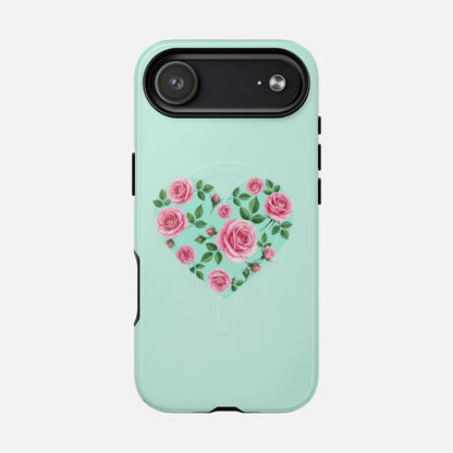 Floral Heart & Mint Rose iPhone Case — Tough Magnetic | MagSafe Compatible