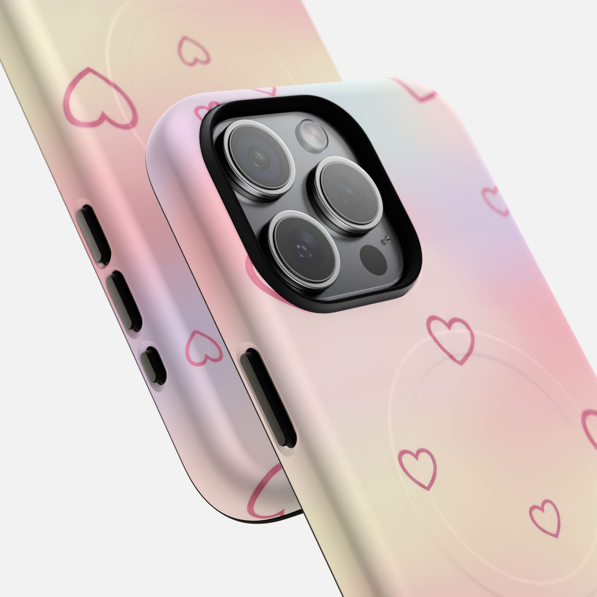 Pink gradient phone case with heart pattern, fits iPhone Pro camera, stylish protective cover