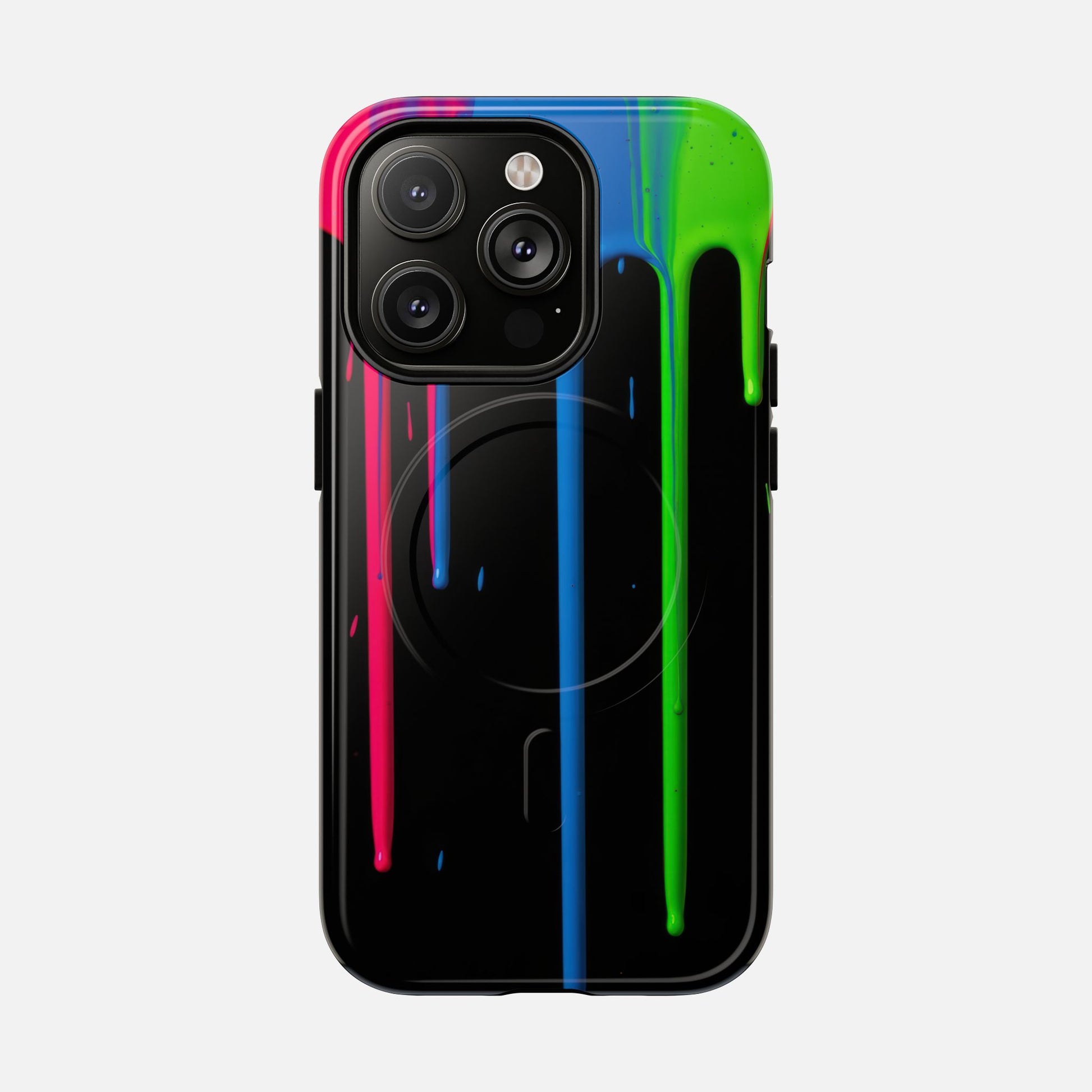 Neon Drip Tough Magnetic Case – Black Phone Cover with Bright Pink, Blue & Green Paint Drips iPhone 14 Pro Glossy Phone Case