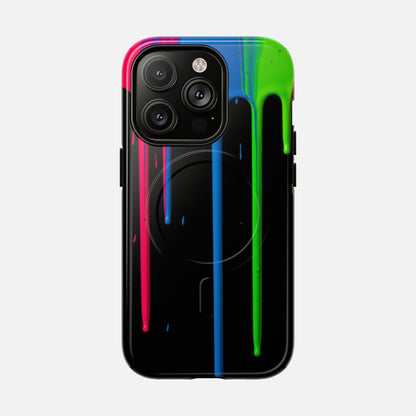 Neon Drip Tough Magnetic Case – Black Phone Cover with Bright Pink, Blue & Green Paint Drips iPhone 14 Pro Glossy Phone Case