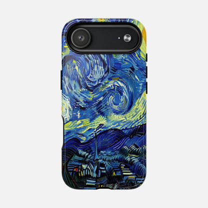 Van Gogh Starry Night phone case with swirling blue and yellow art design