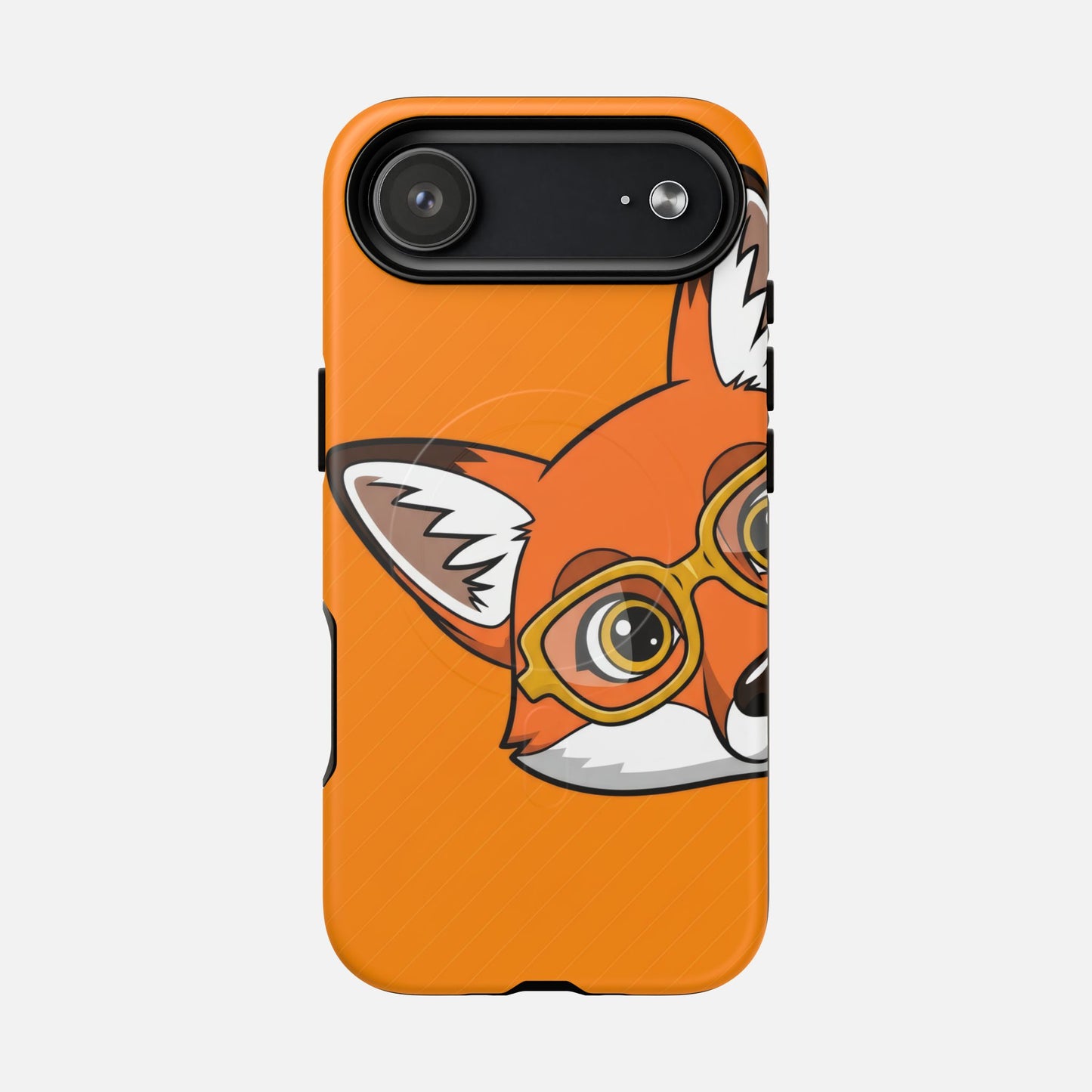 Cute fox wearing glasses phone case with orange background, creative design for iPhone