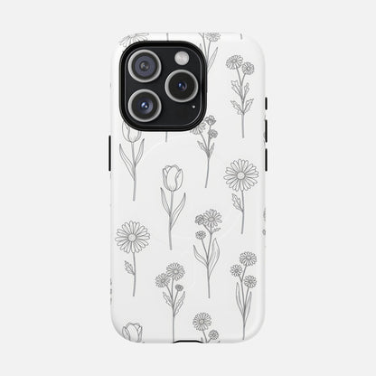 Floral Sketch Tough Magnetic Phone Case — Minimal Black Line Flower Design iPhone 15 Pro Matte Phone Case