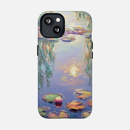 Phone case with Monet-style water lilies painting, artistic design for iPhone