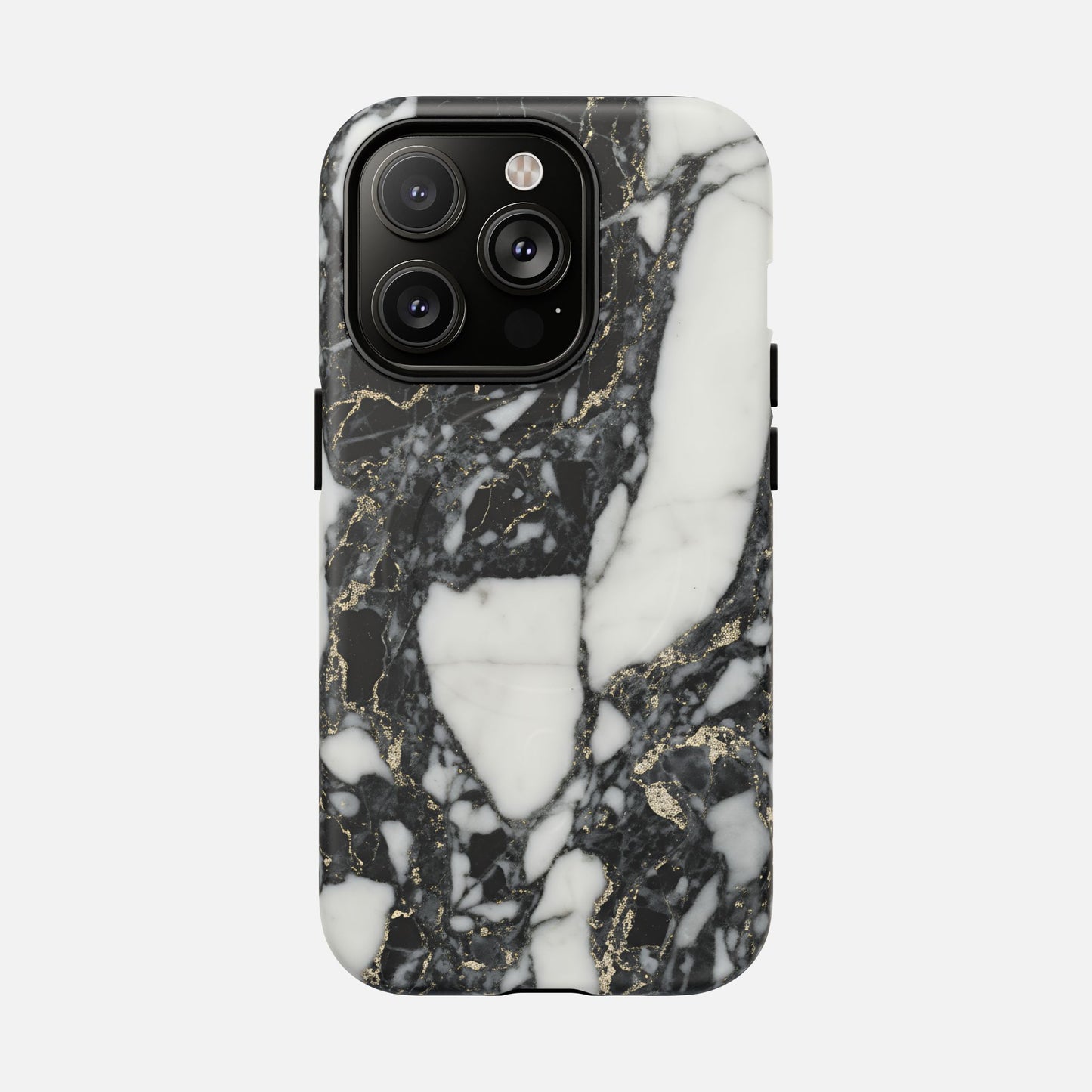Black and white marble pattern phone case with gold veining, modern smartphone cover