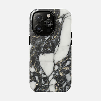 Black and white marble pattern phone case with gold veining, modern smartphone cover