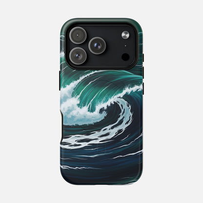 Ocean wave phone case with vibrant teal and white surf design, protective cover for iPhone